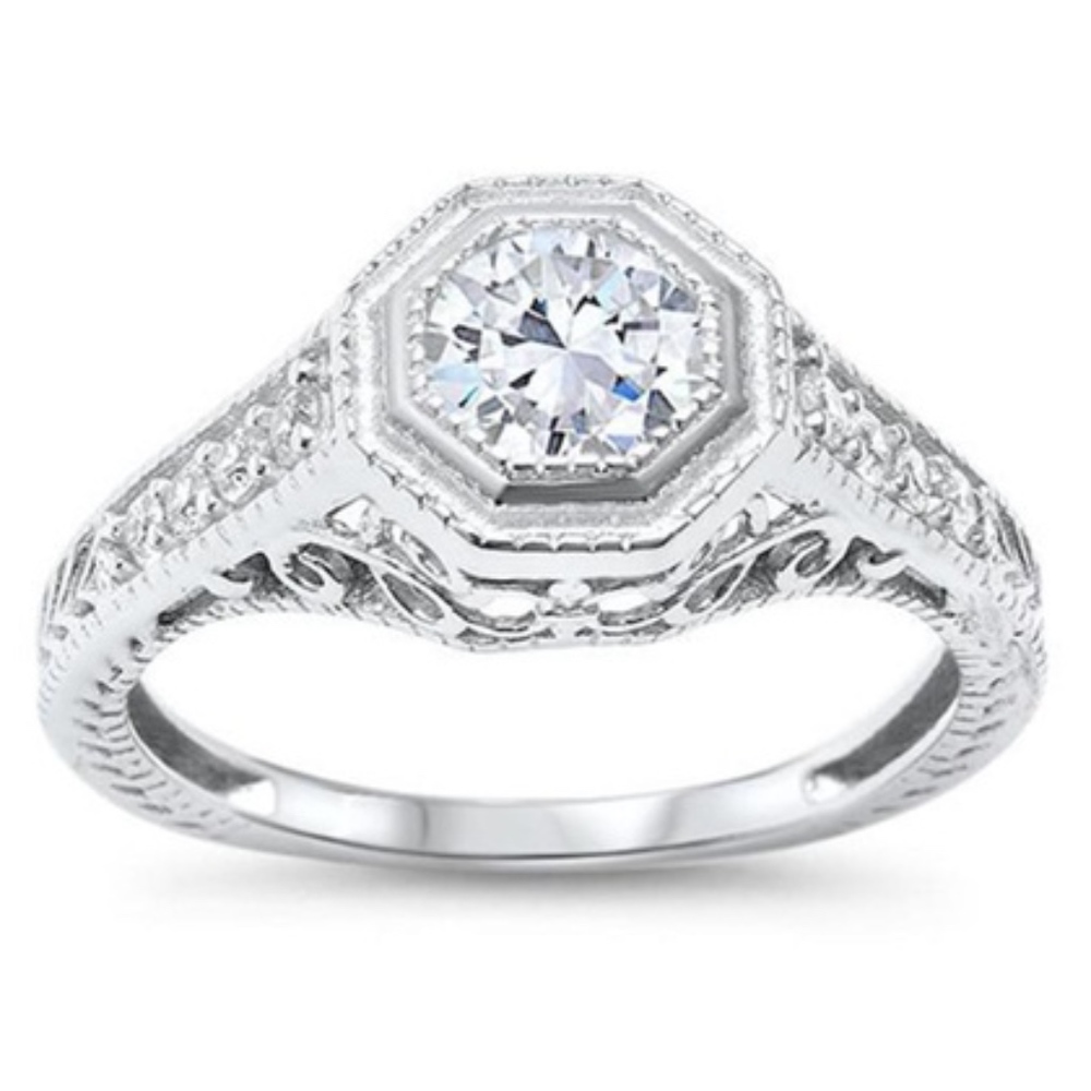 Classic Art Deco Design Round Bezel Wedding